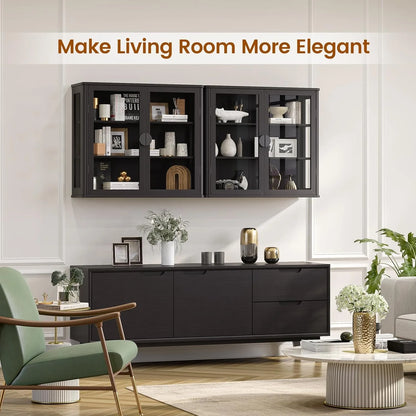 56" Black Wall Storage Cabinets,Kitchen Wall Cabinets with Glass Doors,Over The Toilet Storage Cabinets with Tempered Glass, Upper cabinets for Launtry, Kitchen,Bathroom, 28 inch X 2PCS