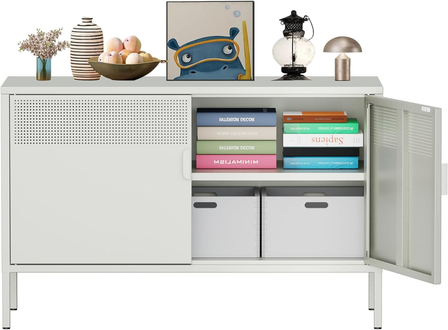 White Metal Cabinet with Doors and Shelves,Metal Locker Storage Cabinet with Leg,3-Tier Office Cabinet,Metal Shelf Cabinet for Home Office,Bathroom,Coffee Bar,Balcony