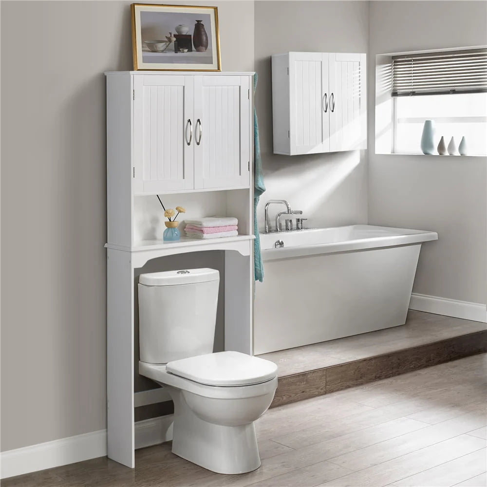 SmileMart 9" Width Wooden Over The Toilet Bathroom Storage Cabinets with Door, White