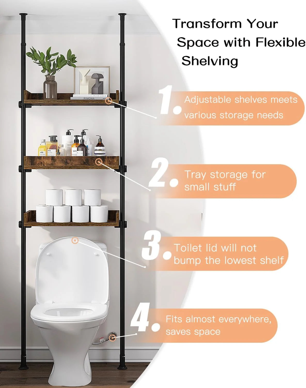 Adjustable Over The Toilet Storage Cabinet, Tension Mount Bathroom Organizers and Storage Over Toilet with 3 Tier Shelves, Over Toilet Bathroom Organizer Fit 92-116 Inch Tall, Rustic Brown