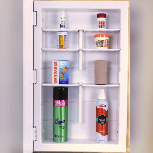 12-1-26-01 Capella 16 in. x 26 in. x 3-1/2 in. Framed Recessed 1 Door Bathroom Medicine Cabinet with 6 Shelves and White Frame