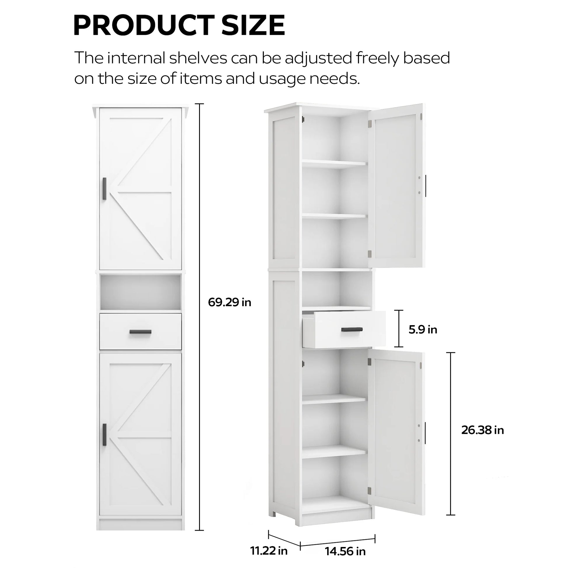 PORKISS Floor Storage Cabinet, Wood Pantry Cabinet with Doors and Drawer, Freestanding Narrow Bathroom Storage Organizer with Adjustable Shelves for Kitchen, Bathroom, Living Room, White