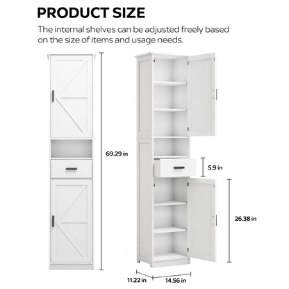 PORKISS Floor Storage Cabinet, Wood Pantry Cabinet with Doors and Drawer, Freestanding Narrow Bathroom Storage Organizer with Adjustable Shelves for Kitchen, Bathroom, Living Room, White