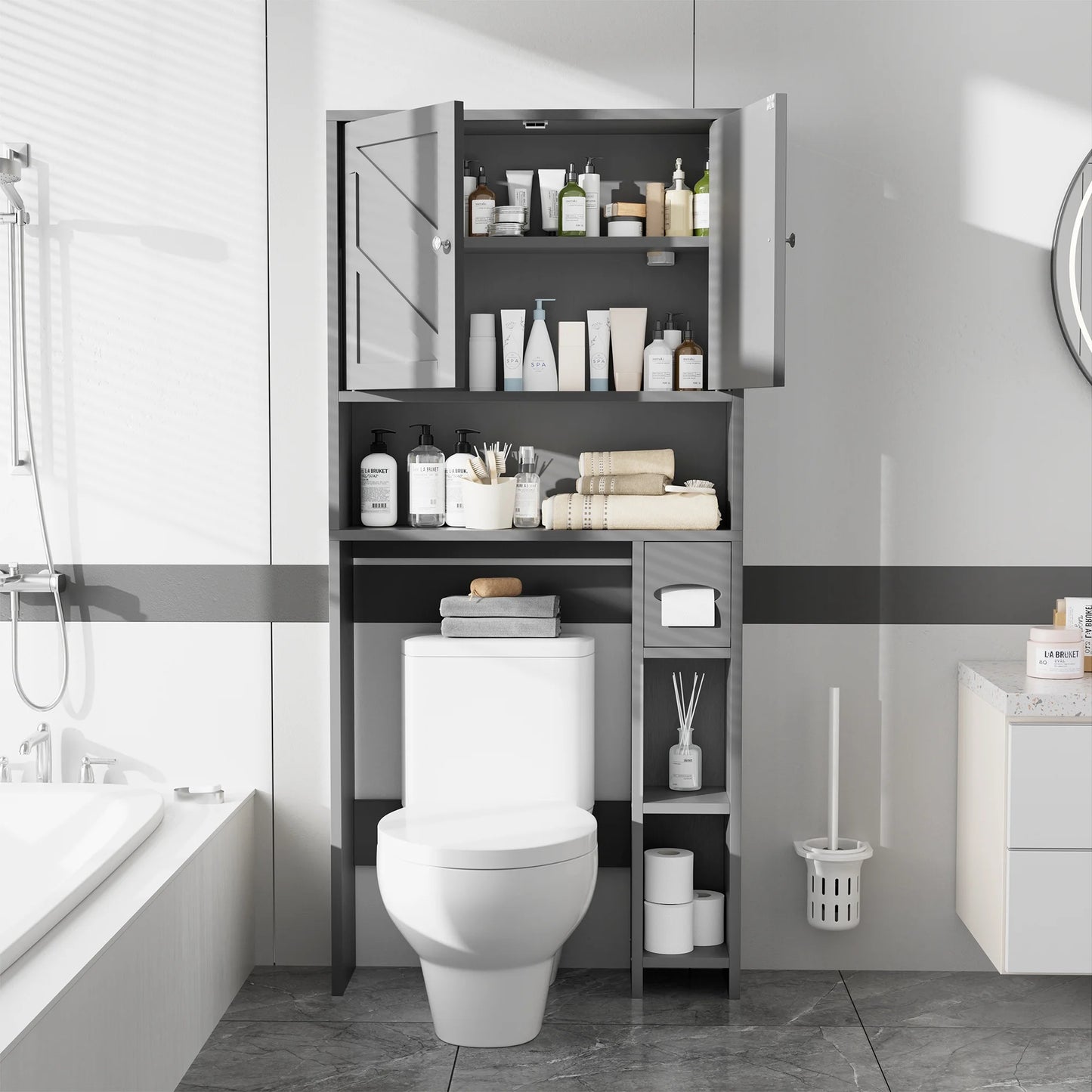 Walsunny Over the Toilet Storage Cabinet with Doors Side Storage Toilet Paper Holder Stand Space Saver Shelf Organizer Rack Freestanding for Restroom Bathroom Laundry Gray