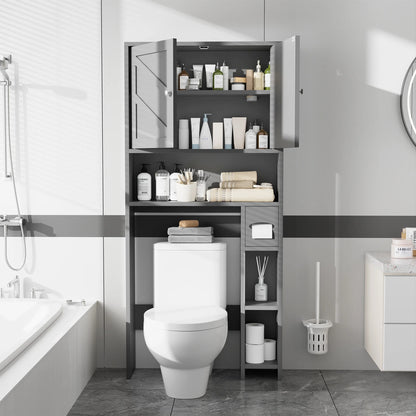 Walsunny Over the Toilet Storage Cabinet with Doors Side Storage Toilet Paper Holder Stand Space Saver Shelf Organizer Rack Freestanding for Restroom Bathroom Laundry Gray