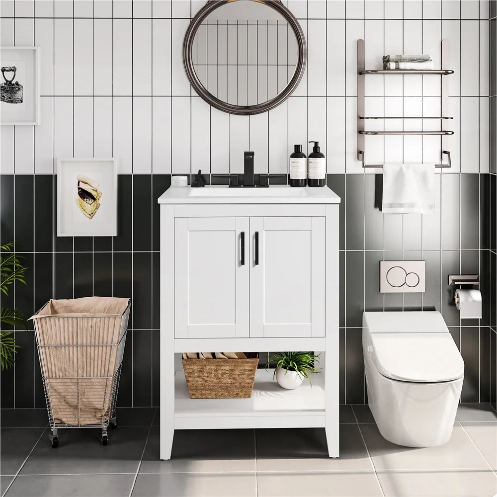 Alden Design 34" Wooden Bathroom Cabinet Vanity with Ceramic Vessel Sink, White