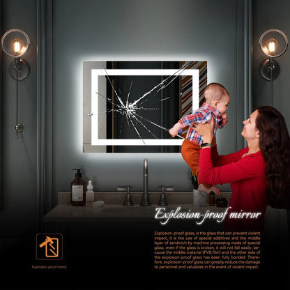 Ktaxon 28x20 inch LED Lighted Bathroom Mirror Silvered Wall Mounted Mirror with Touch Button,Anti Fog and IP67 Waterproof Square Mirror