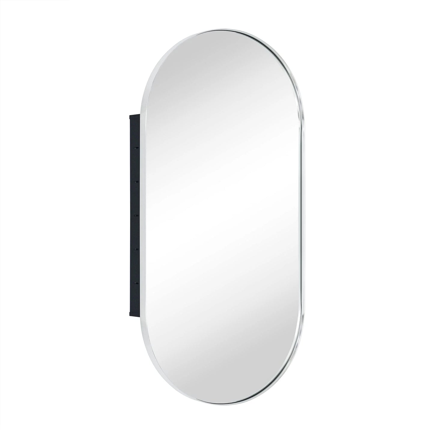 TEHOME Chrome Oval Recessed Bathroom Medicine Cabinet with Mirror Stainless Steel Metal Framed Oblong Pill Shaped Bathroom Cabinet with Mirror 16x33''
