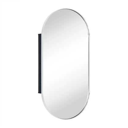 TEHOME Chrome Oval Recessed Bathroom Medicine Cabinet with Mirror Stainless Steel Metal Framed Oblong Pill Shaped Bathroom Cabinet with Mirror 16x33''