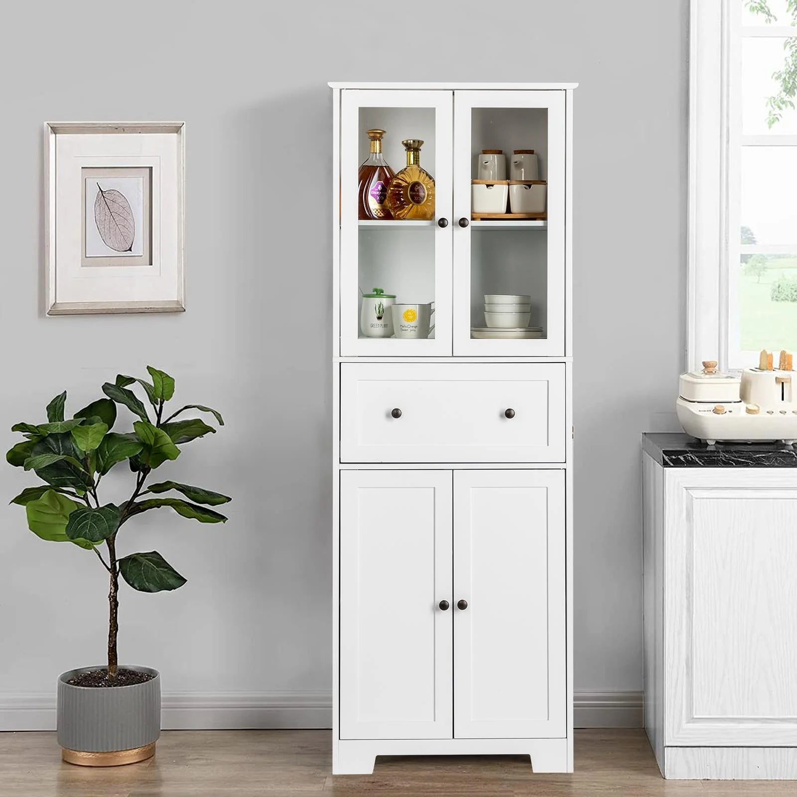UBesGoo 64"H Pantry Cabinet, Tall Bathroom Closet Storage Organizer, with 2 Glass Doors Cabinets & Large Drawer, for Kitchen Living Room Bedroom Laundry Room Entryway Office, White