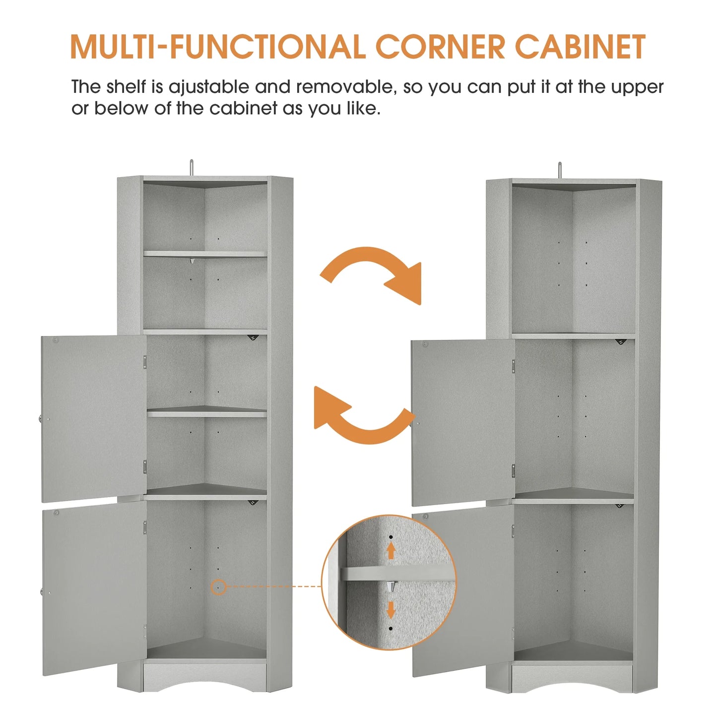 Harper & Bright Designs Bathroom Corner Cabinet Tall Bathroom Storage Floor Cabinet Freestanding Storage Cabinet with Doors and Adjustable Shelves, Gray