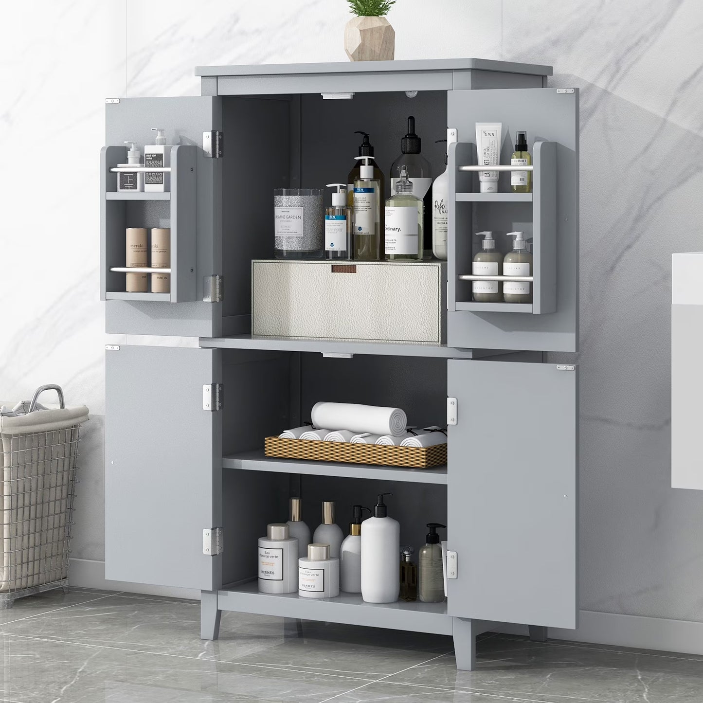 EUROCO Bathroom Floor Storage Cabinet,Bathroom Storage Unit,Freestanding Cabinet with 4 Doors,Adjustable Shelves,Adaptable Shelves,11.8 x 23.6 x 43.3 Inches,White