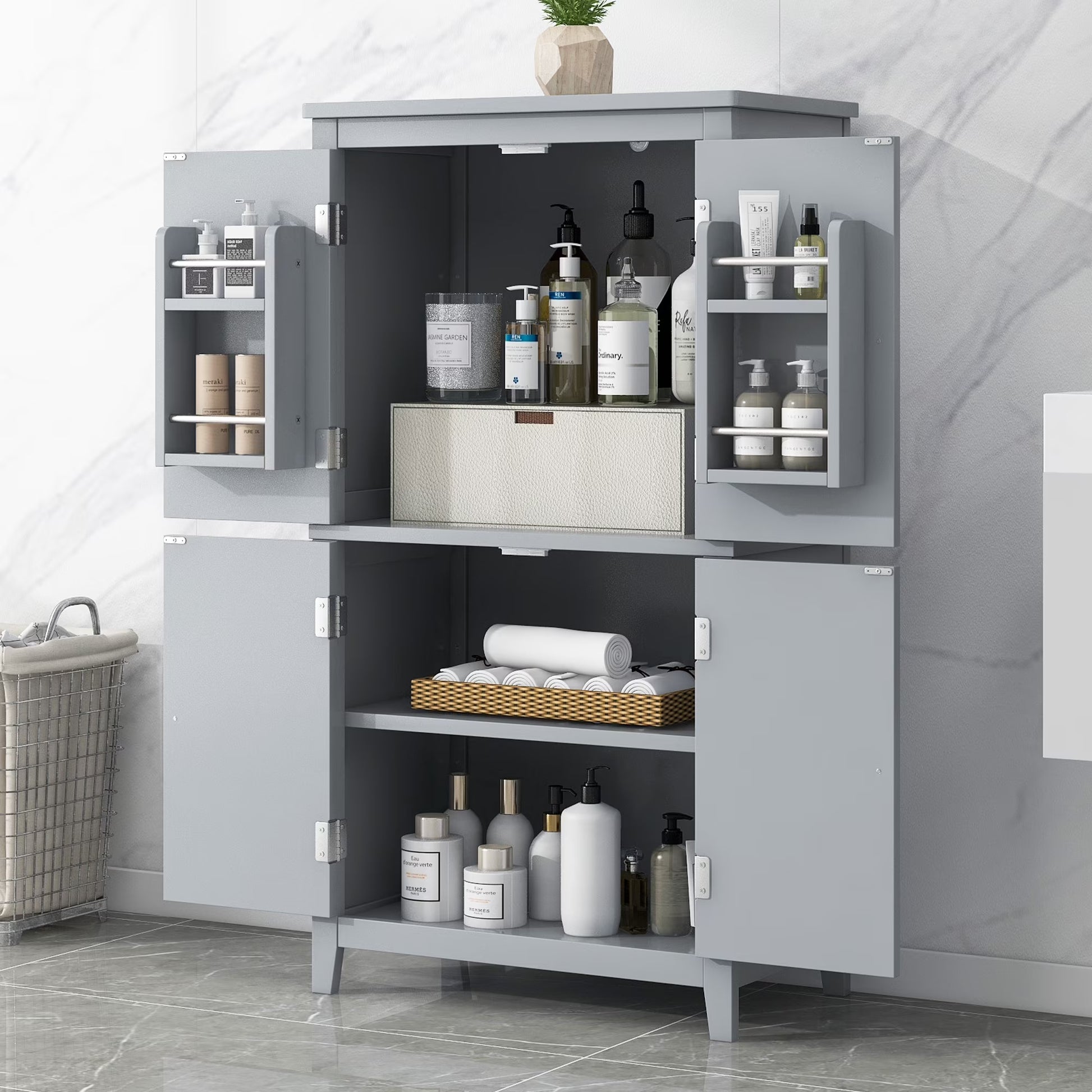 EUROCO Bathroom Floor Storage Cabinet,Bathroom Storage Unit,Freestanding Cabinet with 4 Doors,Adjustable Shelves,Adaptable Shelves,11.8 x 23.6 x 43.3 Inches,White