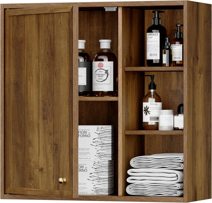 ANHDAH Rustic Wall Cabinet - Wooden Bathroom Storage with Shelf, Over-Toilet Mounted Cupboard for Kitchen, Laundry, Garage (Brown)