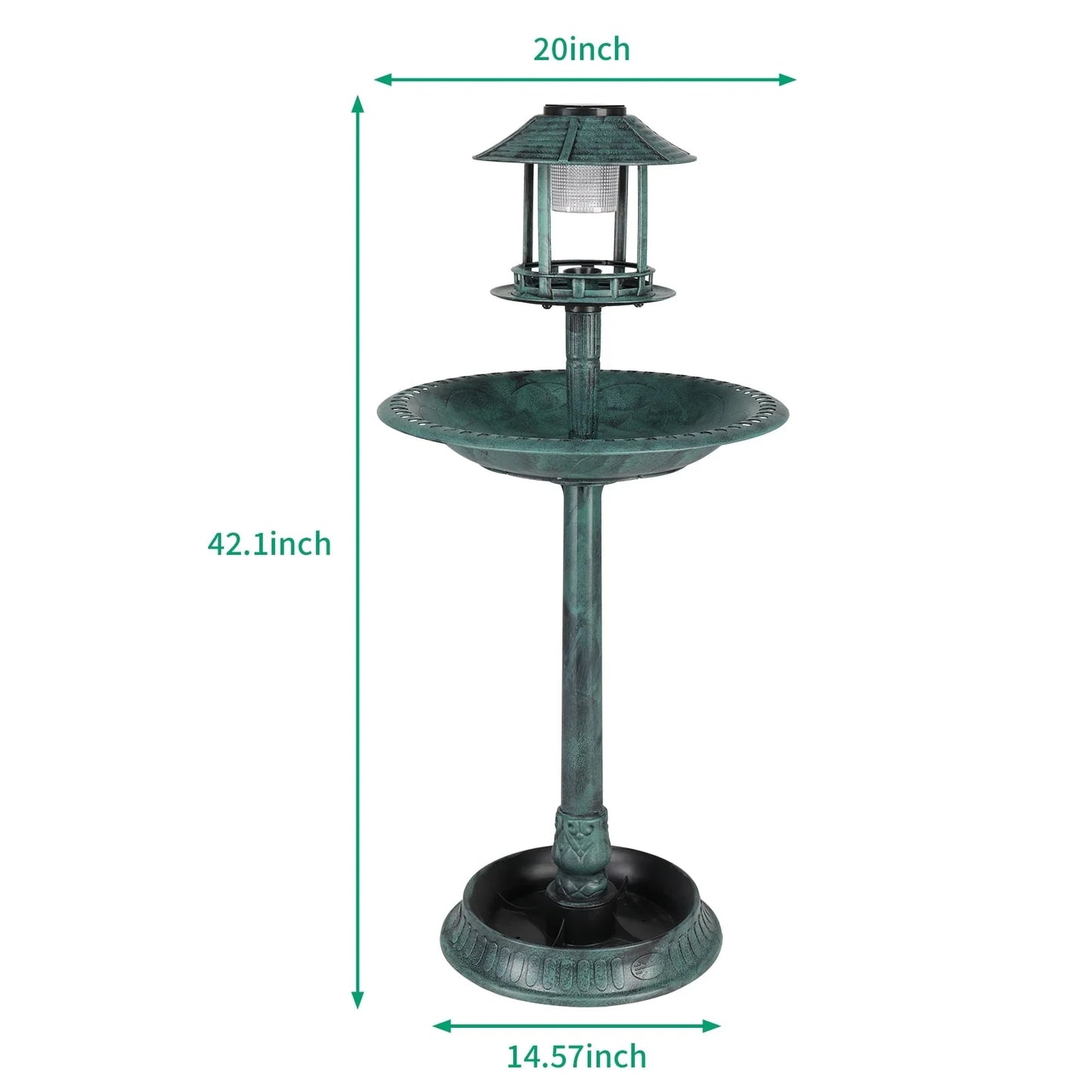 SamyoHome Wild Bird Bath Resin Pedestal Birdbaths with Solar Light Dark Green