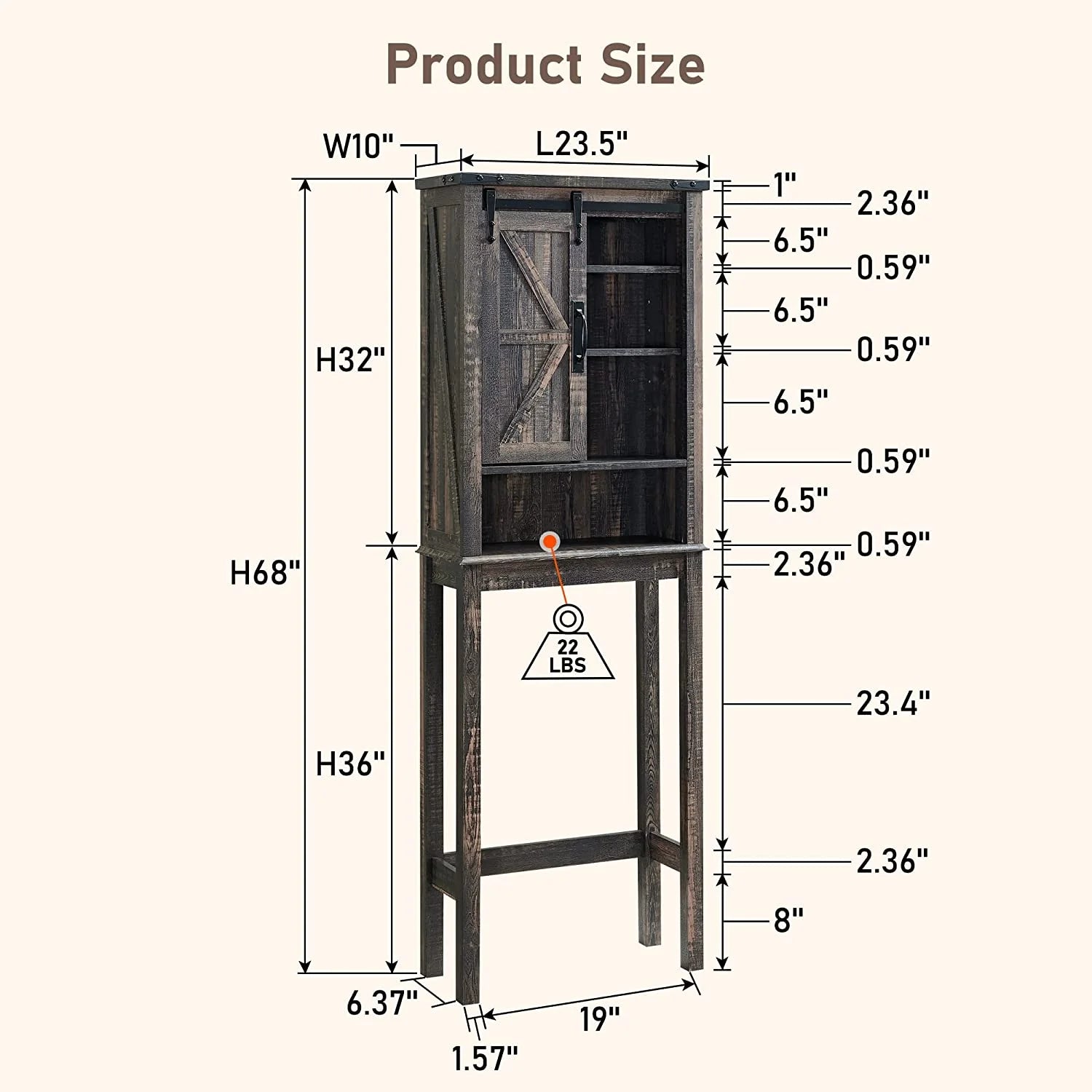 OKD 68In Farmhouse Over The Toilet Storage Cabinet with Sliding Bathroom Organizers and Storage Barn Door & Adjustable Shelves, Dark Rustic Oak