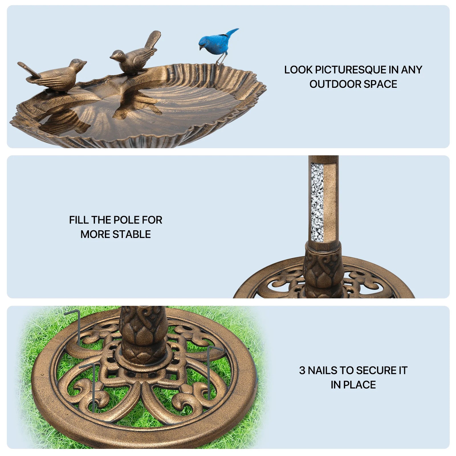 MoNiBloom Outdoor Pedestal Bird Bath with Solar Pumb, for Garden Patio Backyard Décor, Bronze