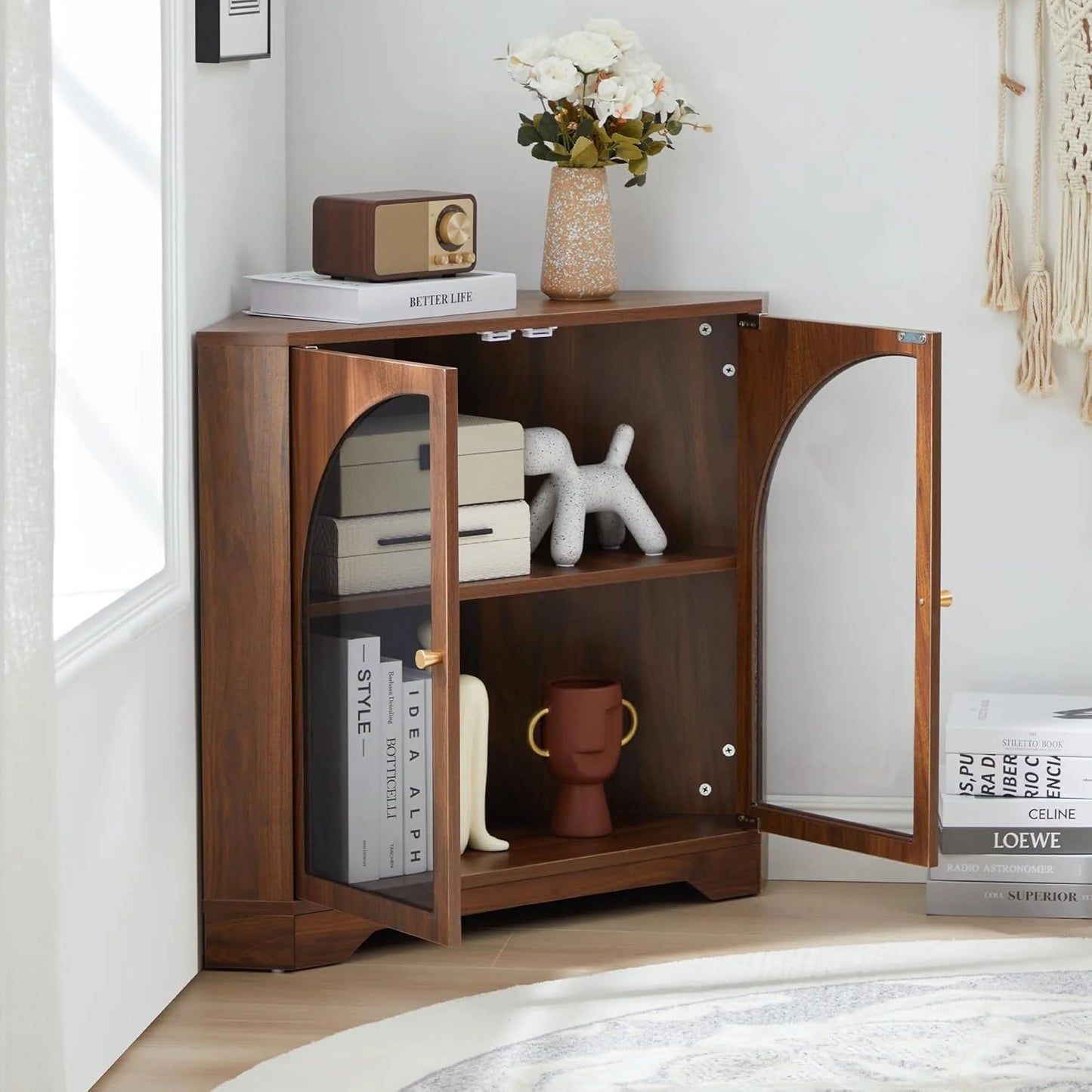 Mid Century Modern Corner Cabinet, Freestanding Curved Corner Storage Shelf with Doors and Adjustable Shelves, Farmhouse Storage Cabinet for Living Room Kitchen Bathroom (Walnut)