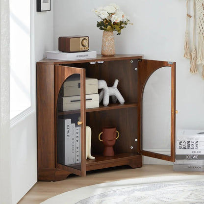Mid Century Modern Corner Cabinet, Freestanding Curved Corner Storage Shelf with Doors and Adjustable Shelves, Farmhouse Storage Cabinet for Living Room Kitchen Bathroom (Walnut)