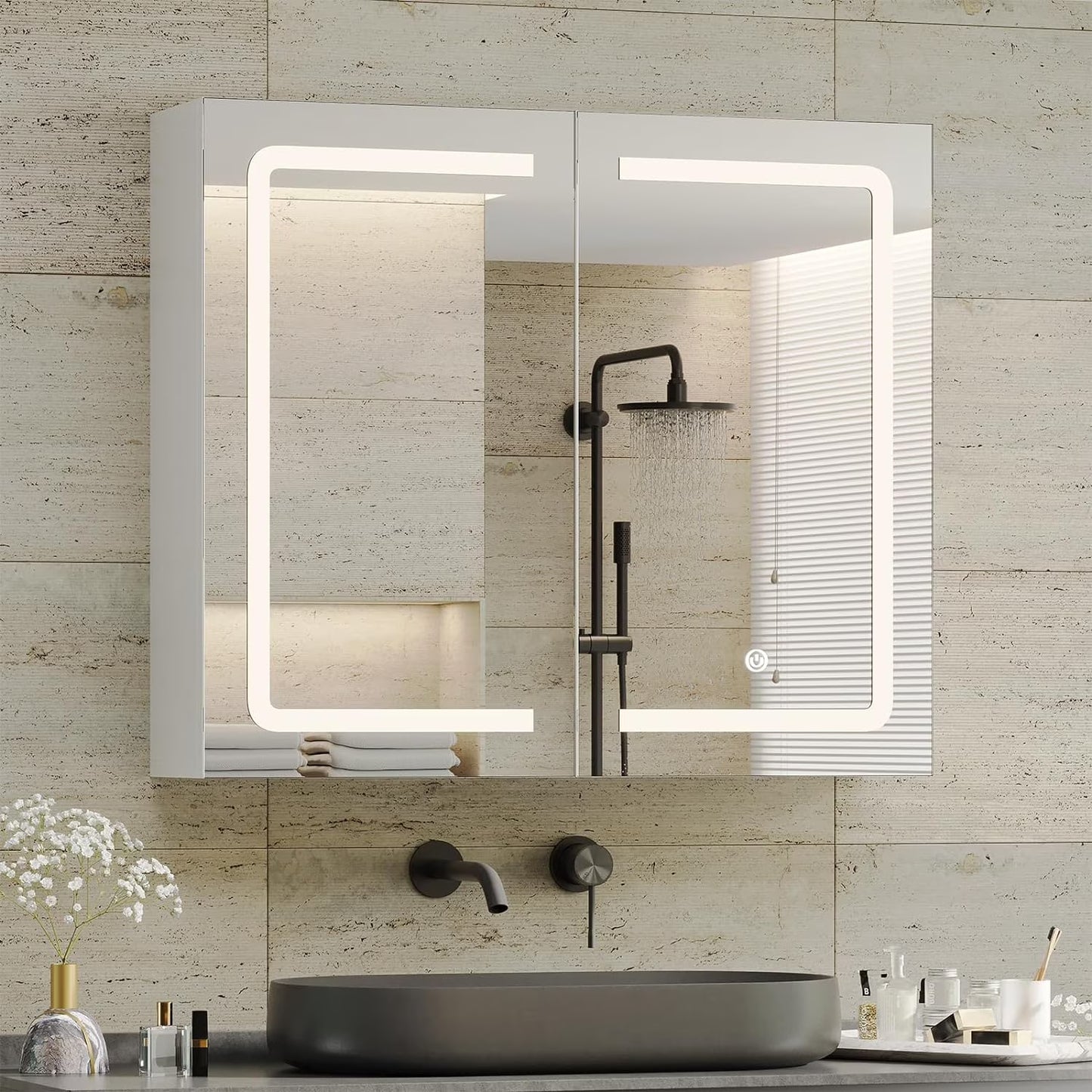 Lighted Medicine Cabinet with Mirror&LED Light for Bathroom,Wall Mounted Bathroom Mirror Cabinet with Storage and 2 Outlet and 3 Doors for Home, White, 39.4" x 23.6"