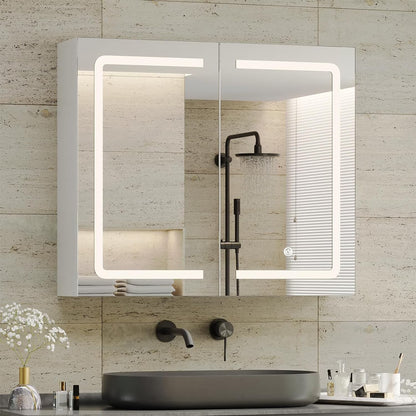 Lighted Medicine Cabinet with Mirror&LED Light for Bathroom,Wall Mounted Bathroom Mirror Cabinet with Storage and 2 Outlet and 3 Doors for Home, White, 39.4" x 23.6"