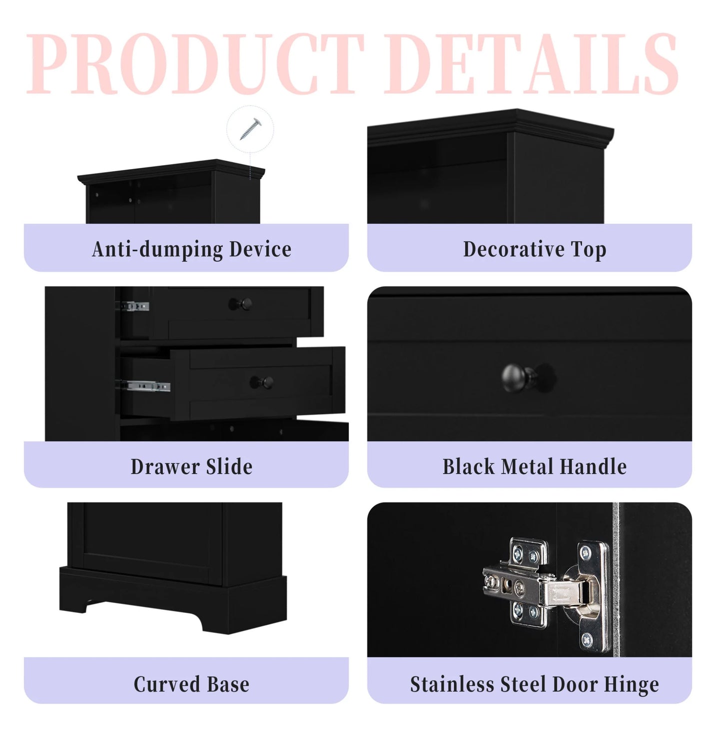 Black Tall Storage Cabinet with 3 Drawers and Adjustable Shelves for Bathroom, Study, Office and Interior, MDF Board with Painted Finish Black + MDF