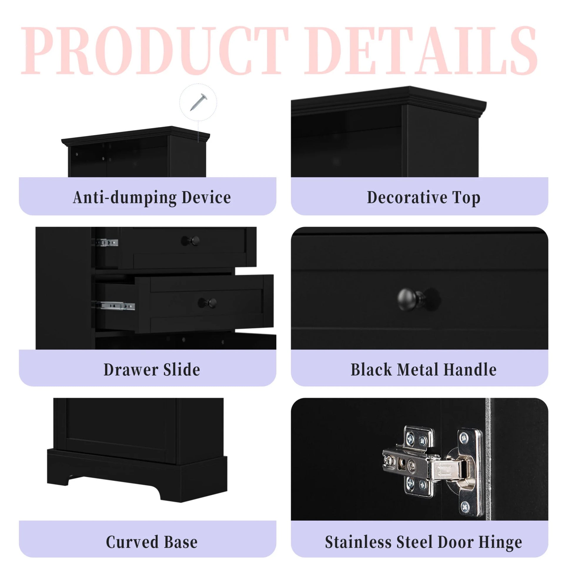 Black Tall Storage Cabinet with 3 Drawers and Adjustable Shelves for Bathroom, Study, Office and Interior, MDF Board with Painted Finish Black + MDF