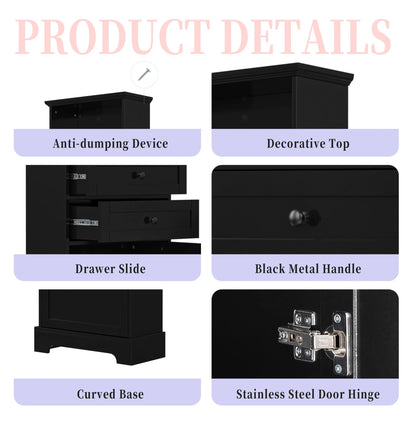 Black Tall Storage Cabinet with 3 Drawers and Adjustable Shelves for Bathroom, Study, Office and Interior, MDF Board with Painted Finish Black + MDF