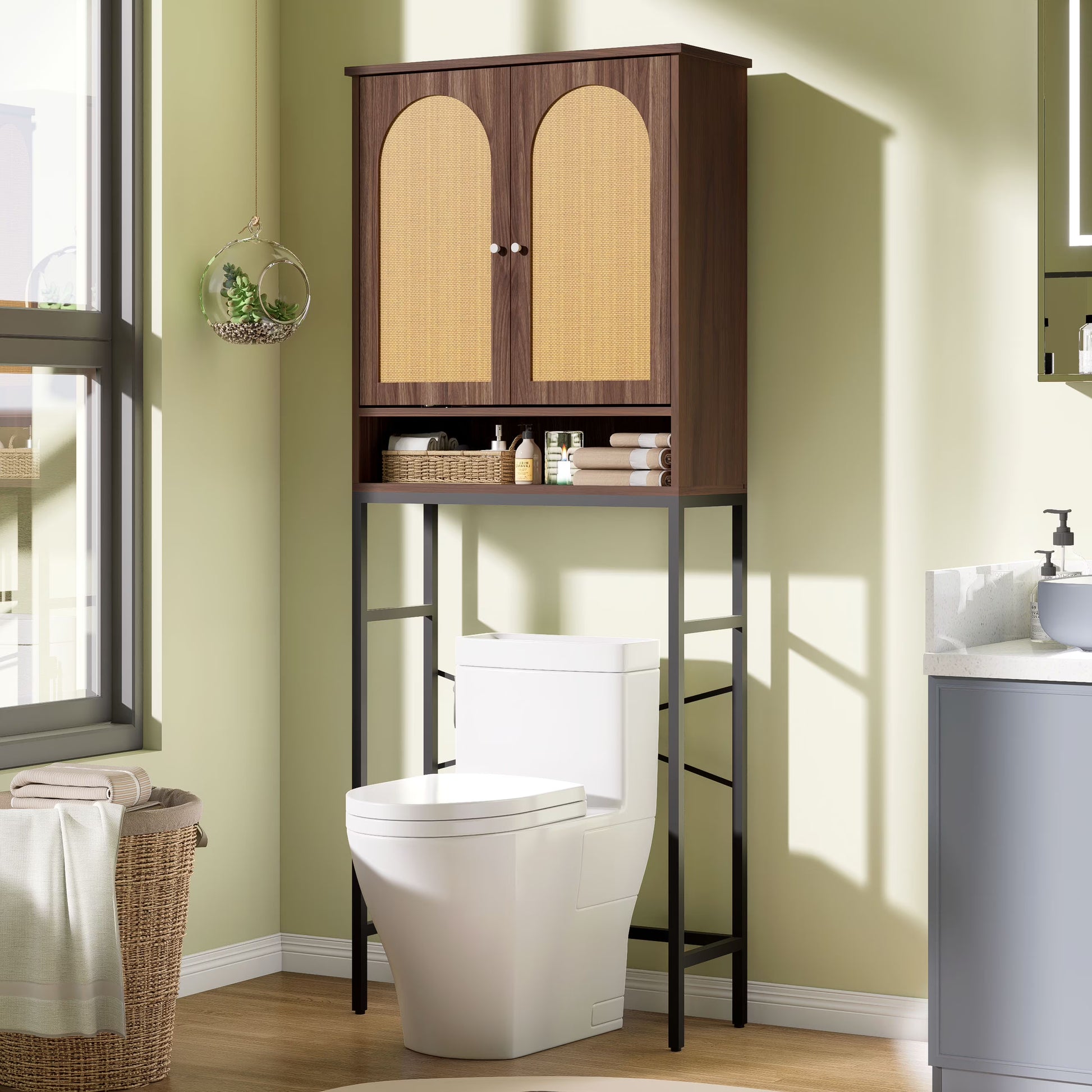 VEANERWOOD Rattan Over The Toilet Storage Cabinet, Bathroom Space-Saving Toilet Rack with Cupboard Metal Stand & Adjustable Shelf, Space Saver
