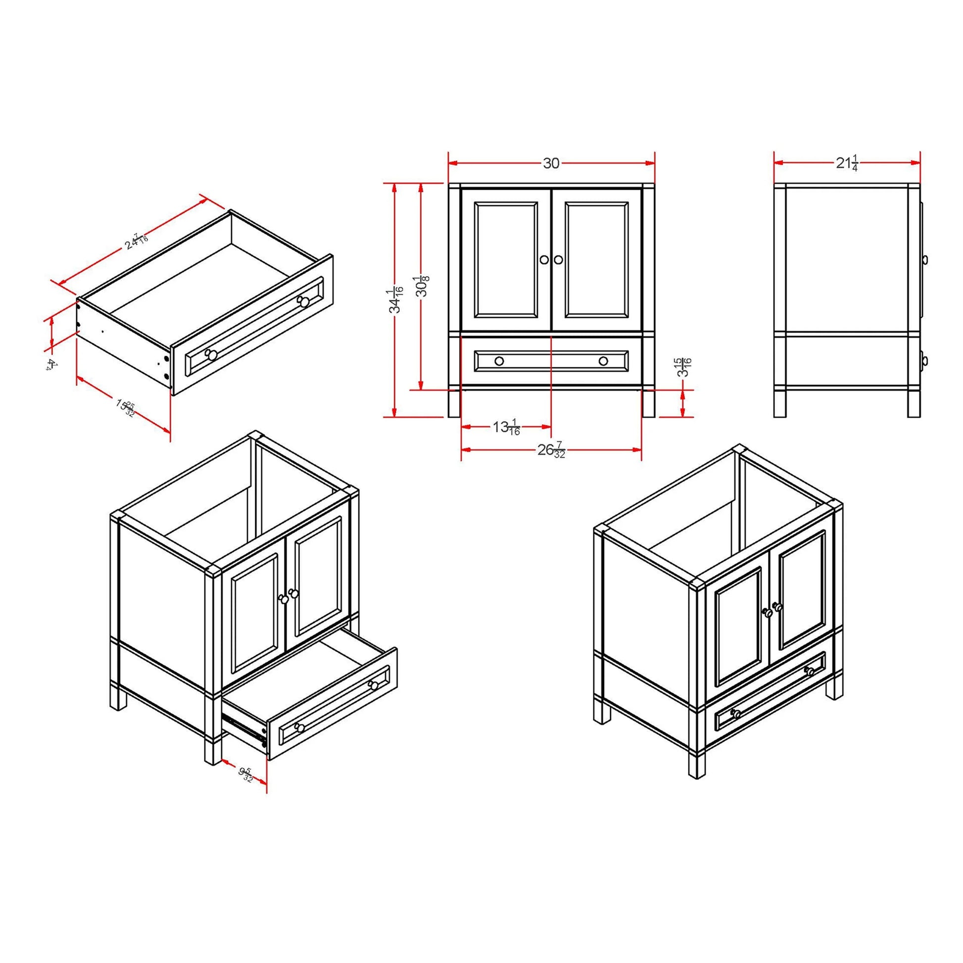 Alaterre Furniture Williamsburg 30 in. Bathroom Vanity - Freestanding Cabinet Without Sink - Small Wood Vanity with Soft-Close Doors, Gray