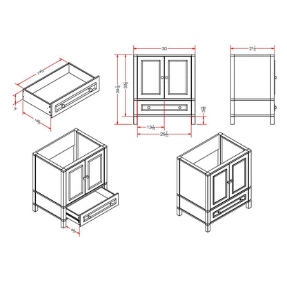 Alaterre Furniture Williamsburg 30 in. Bathroom Vanity - Freestanding Cabinet Without Sink - Small Wood Vanity with Soft-Close Doors, Gray