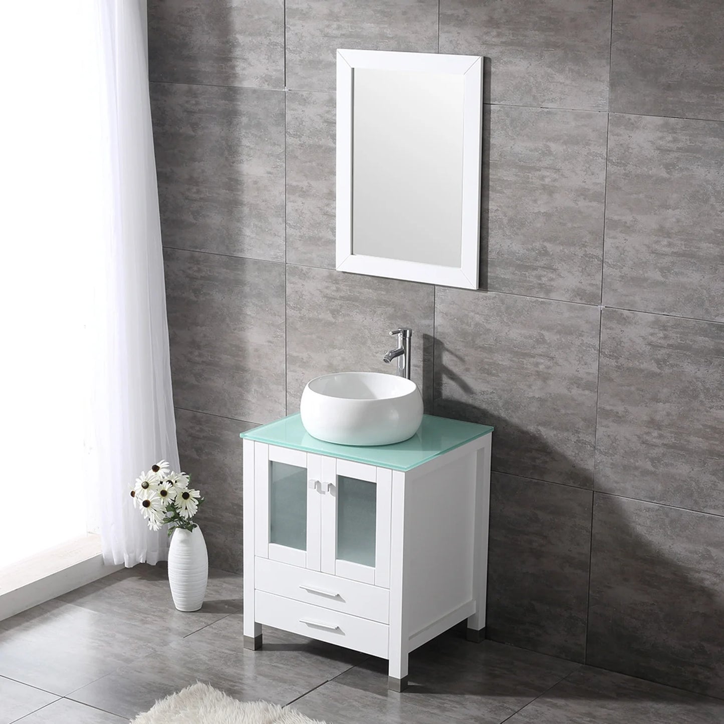 Wonline 24" Bathroom Vanity Cabinet Ceramic Sink Faucet Drain Combo w/ Mirror Set White