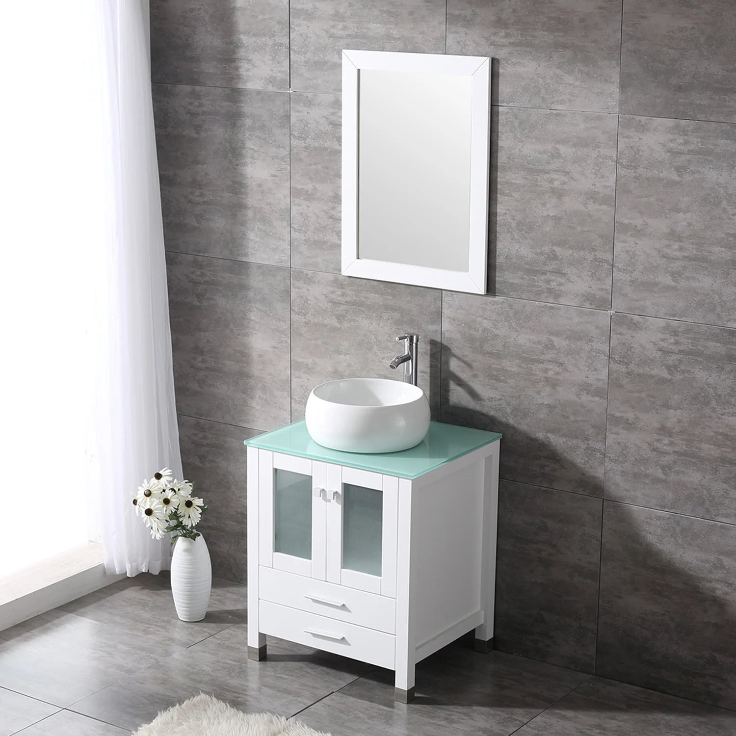 Wonline 24" Bathroom Vanity Cabinet Ceramic Sink Faucet Drain Combo w/ Mirror Set White