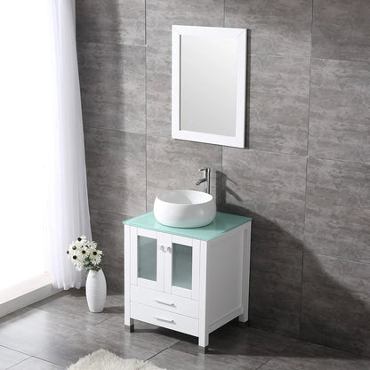 Wonline 24" Bathroom Vanity Cabinet Ceramic Sink Faucet Drain Combo w/ Mirror Set White