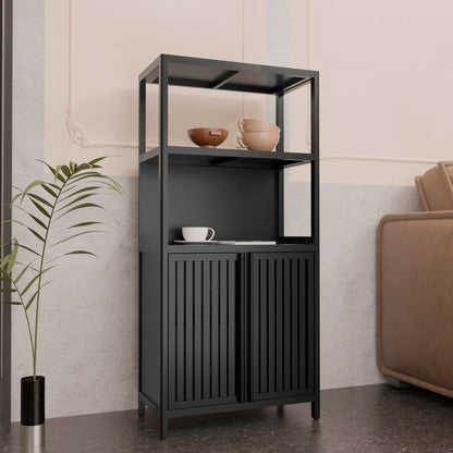 Yoneston 4-Tier Bamboo Bathroom Shelf Storage Cabinet, Freestanding Floor Cabinet with 2 Doors, Display Shelves for Living Room, Black
