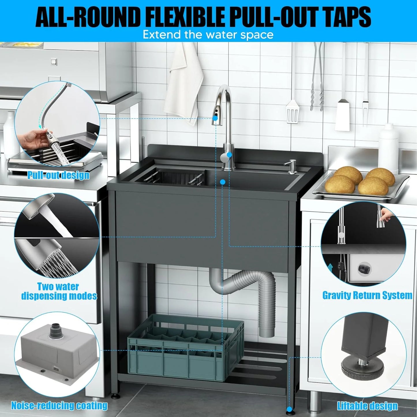 Stainless Steel Utility Sink, 30.8" × 22" × 39.5"Freestanding Sink with Cold and Hot Water Faucet,Hoses and Drain Kit for Kitchens, Bathrooms, Garage, Laundry Room
