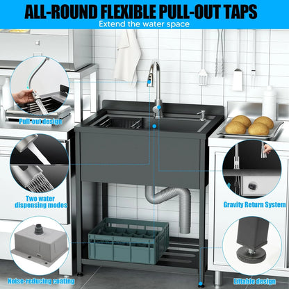 Stainless Steel Utility Sink, 30.8" × 22" × 39.5"Freestanding Sink with Cold and Hot Water Faucet,Hoses and Drain Kit for Kitchens, Bathrooms, Garage, Laundry Room