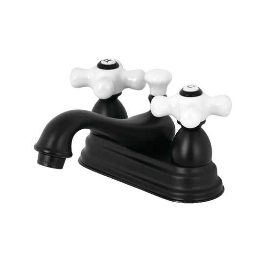 Kingston Brass Restoration Two-Handle 3-Hole Deck Mount 4 in. Centerset Bathroom Faucet Matte Black Matte