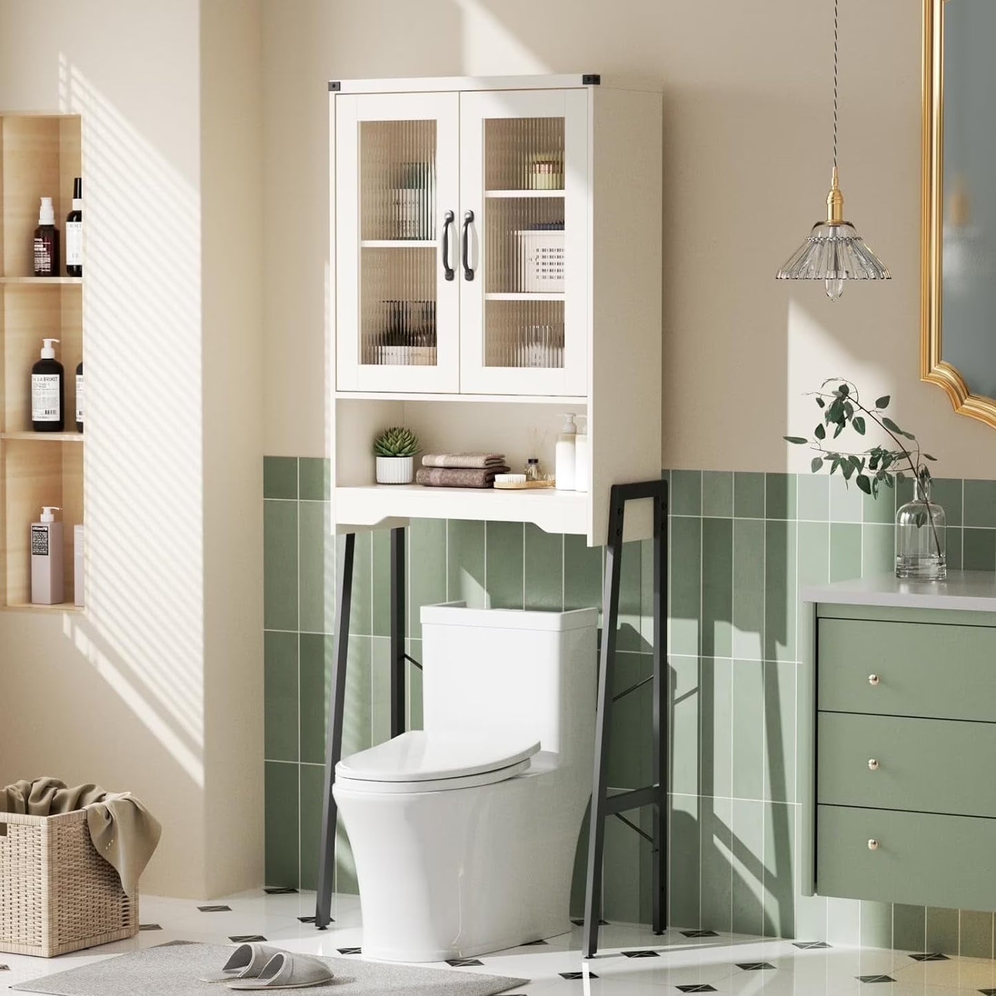 VEANERWOOD Rattan Over The Toilet Storage Cabinet, Bathroom Space-Saving Toilet Rack with Cupboard Metal Stand & Adjustable Shelf, Space Saver