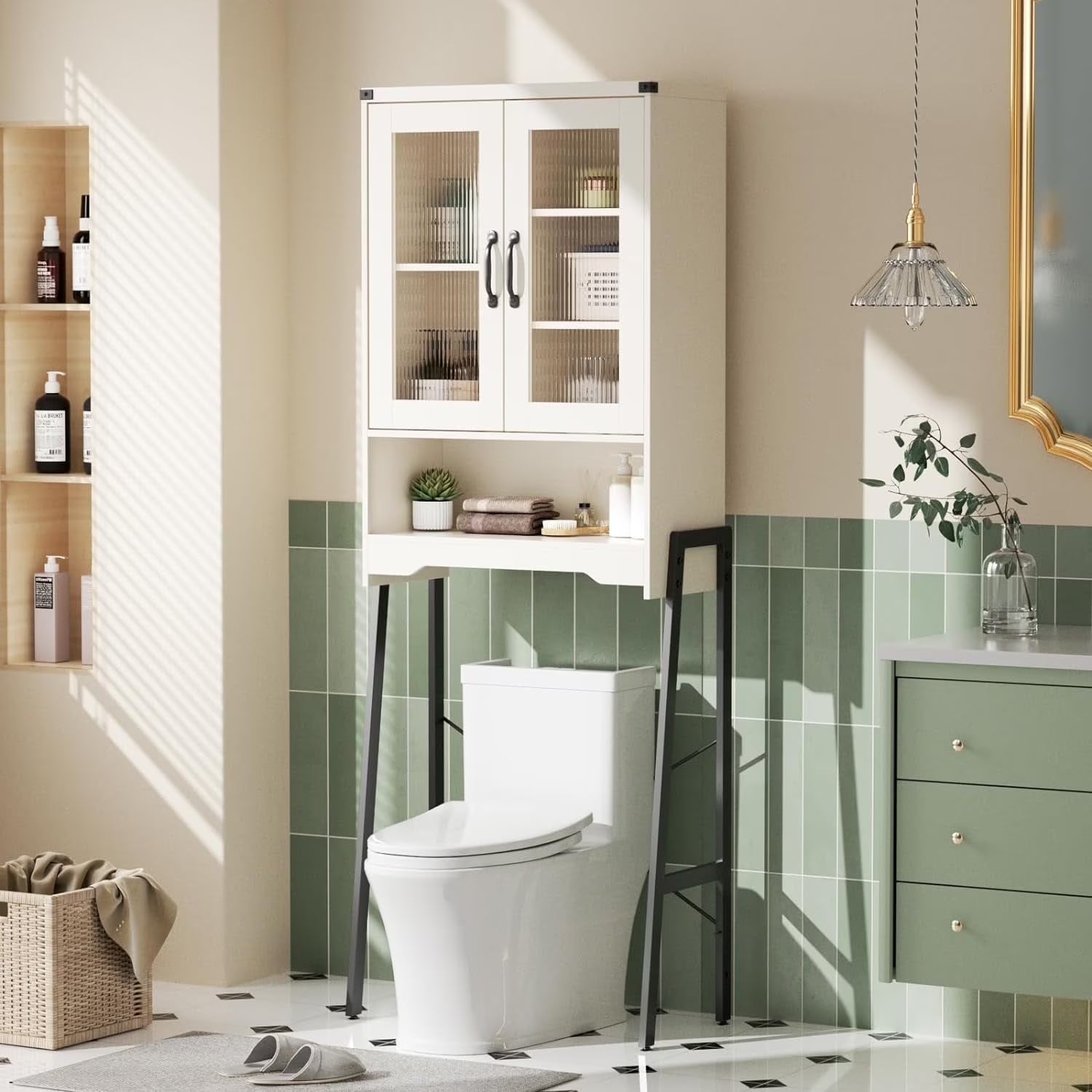 VEANERWOOD Rattan Over The Toilet Storage Cabinet, Bathroom Space-Saving Toilet Rack with Cupboard Metal Stand & Adjustable Shelf, Space Saver