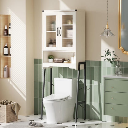 VEANERWOOD Rattan Over The Toilet Storage Cabinet, Bathroom Space-Saving Toilet Rack with Cupboard Metal Stand & Adjustable Shelf, Space Saver