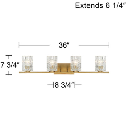 Possini Euro Design Icelight Modern Wall Light Warm Brass Hardwire 36" 4-Light Fixture Textured Ice Glass for Bedroom Bathroom Vanity Living Room