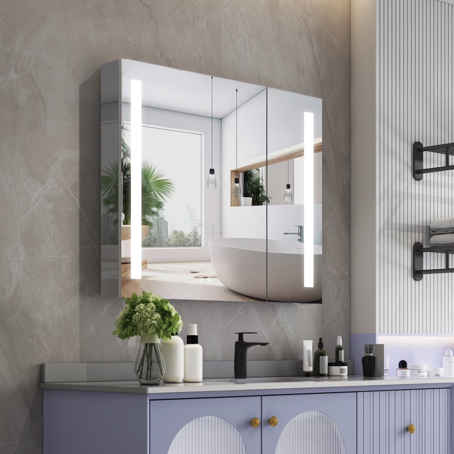 Forclover 30"x30" LED Mirror Medicine Cabinet for Bathroom with Defogger, Dimmer, Lights, Recessed or Surface Mount, Bathroom Cabinet with 3-tier Storage Shelves, Smart Touch, Anodized Aluminum
