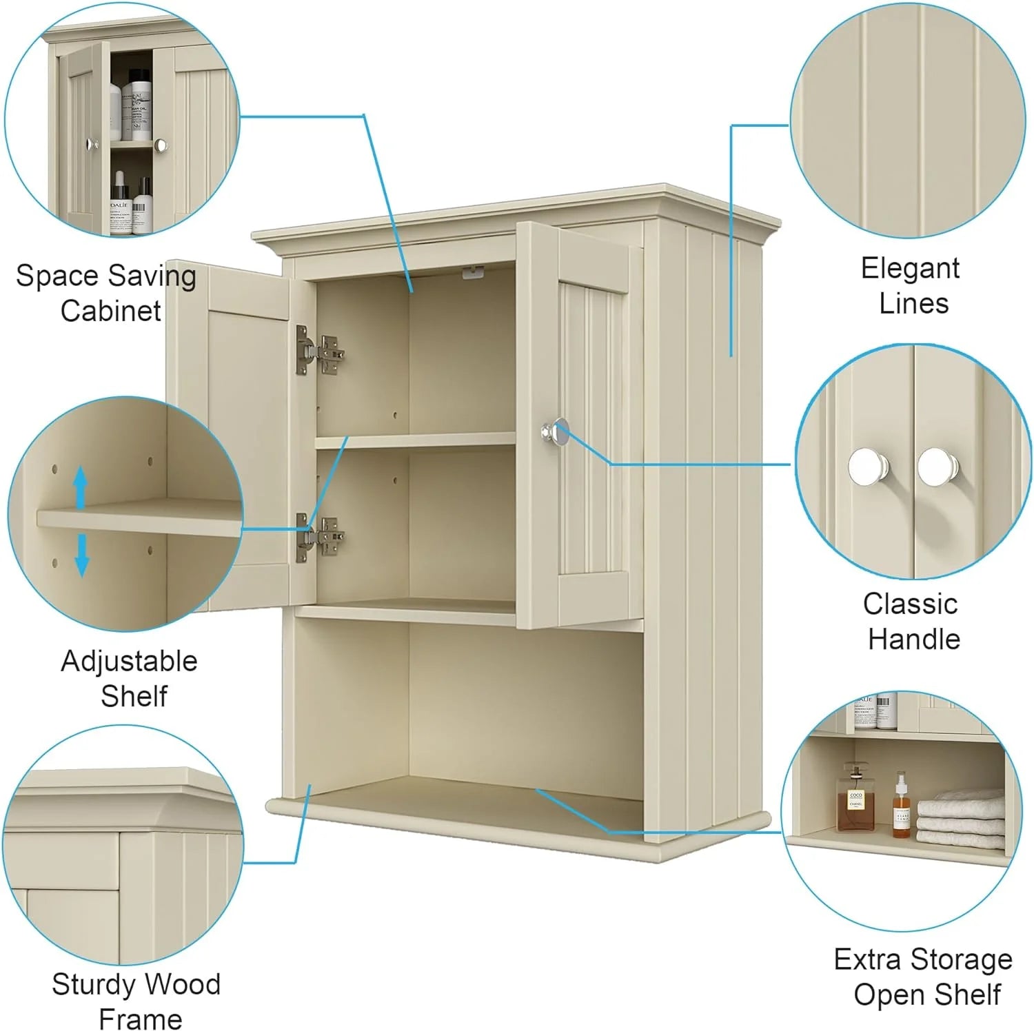 Wood Wall Cabinet, Bathroom Medicine Cabinet Storage with Doors and Adjustable Shelf, Rustic Cabinet Wall Mounted for Bathroom, Living Room, Kitchen, Yellow