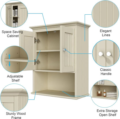 Wood Wall Cabinet, Bathroom Medicine Cabinet Storage with Doors and Adjustable Shelf, Rustic Cabinet Wall Mounted for Bathroom, Living Room, Kitchen, Yellow