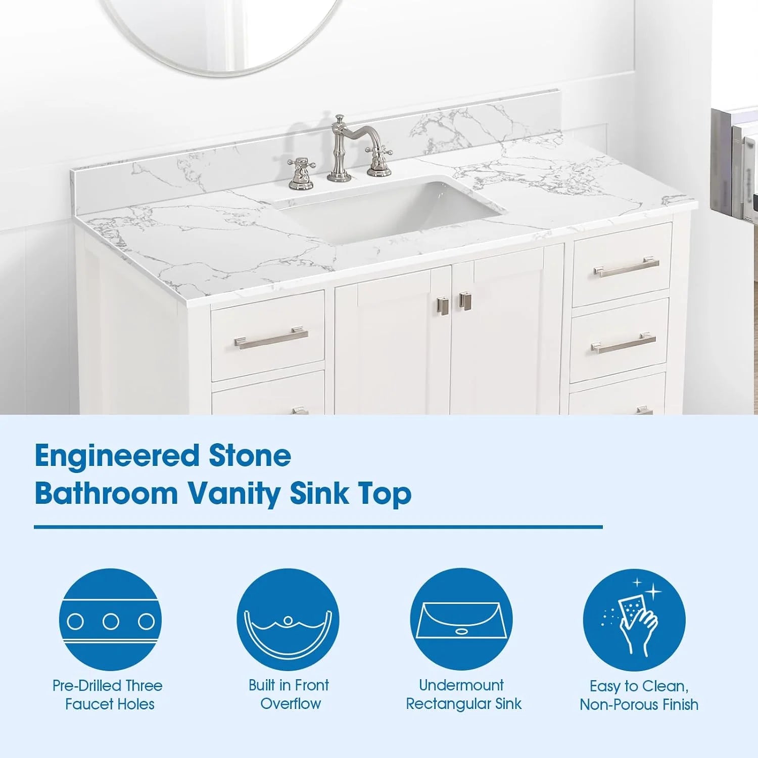 36x22 Engineered Stone Vanity Sink Top, White Bathroom Countertop with Undermount Left Sink, Vanity Top with 8 inch 3 Faucet Hole Spacing and Backsplash