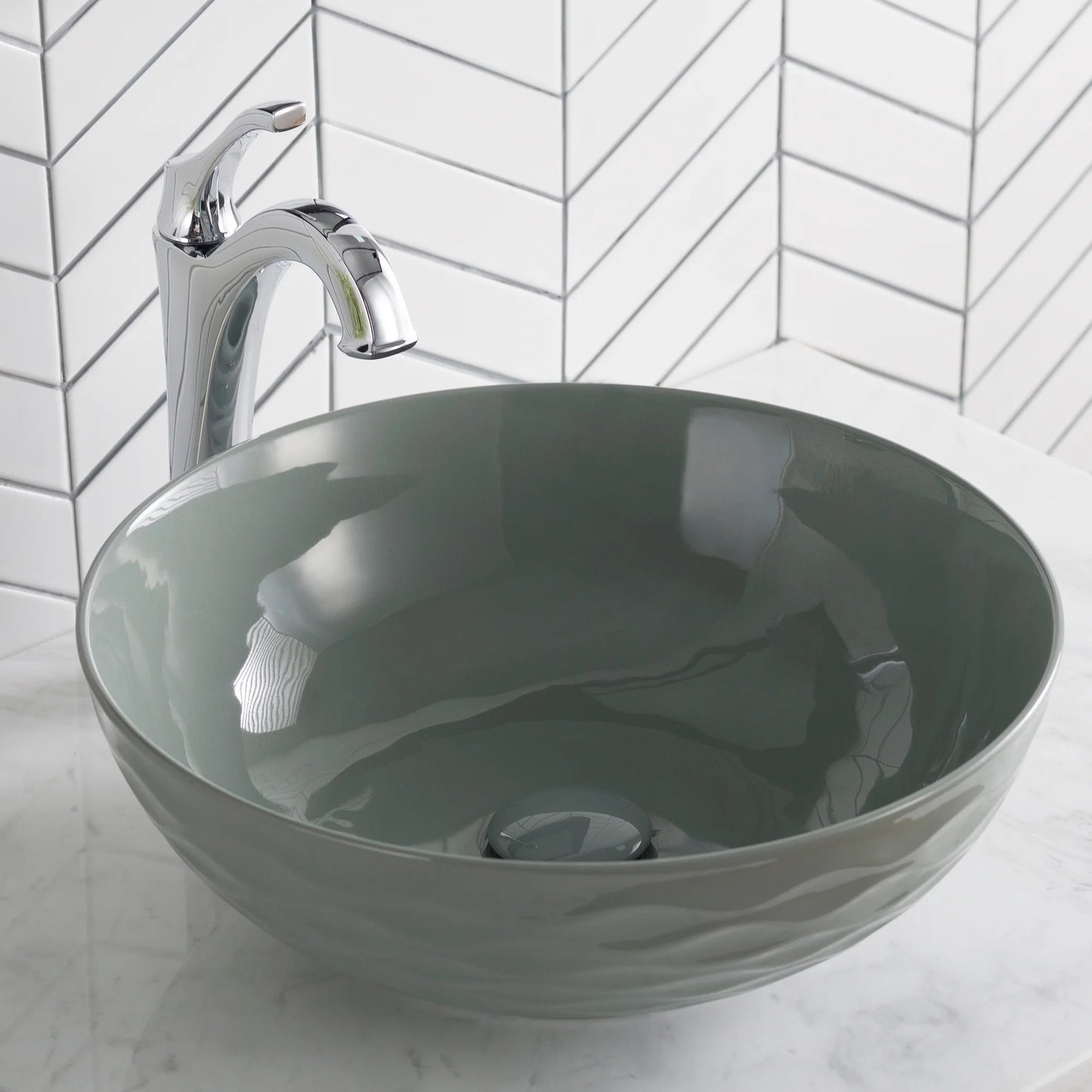 KRAUS Viva Round Gray Porcelain Ceramic Vessel Bathroom Sink with Pop-Up Drain, 16 1/2 in. D x 5 1/2 in. H