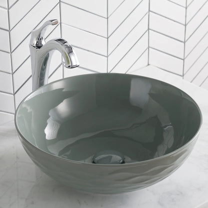 KRAUS Viva Round Gray Porcelain Ceramic Vessel Bathroom Sink with Pop-Up Drain, 16 1/2 in. D x 5 1/2 in. H