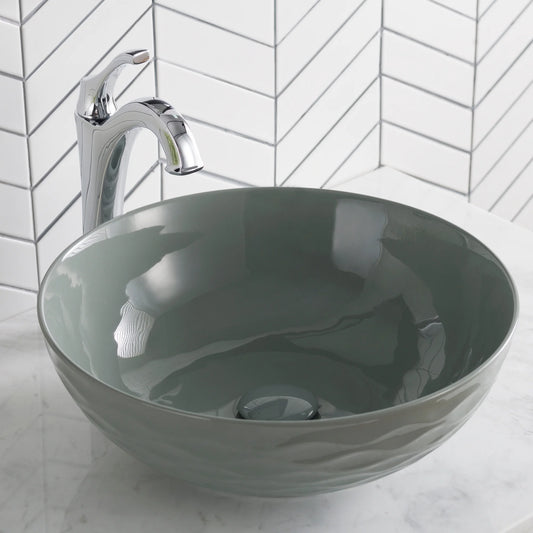 KRAUS Viva Round Gray Porcelain Ceramic Vessel Bathroom Sink with Pop-Up Drain, 16 1/2 in. D x 5 1/2 in. H
