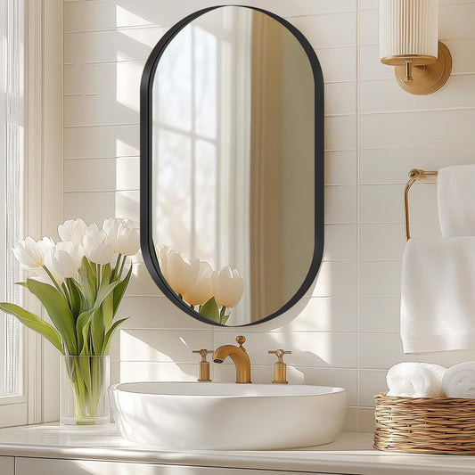 SogesHome Medicine Cabinet with Mirror, 21x34 Oval Mirror Cabinet, Wall Mount Recess Bathroom Vanity Mirror with Storage with 2 Adjustable Shelves, Perfect for Bathroom, Black